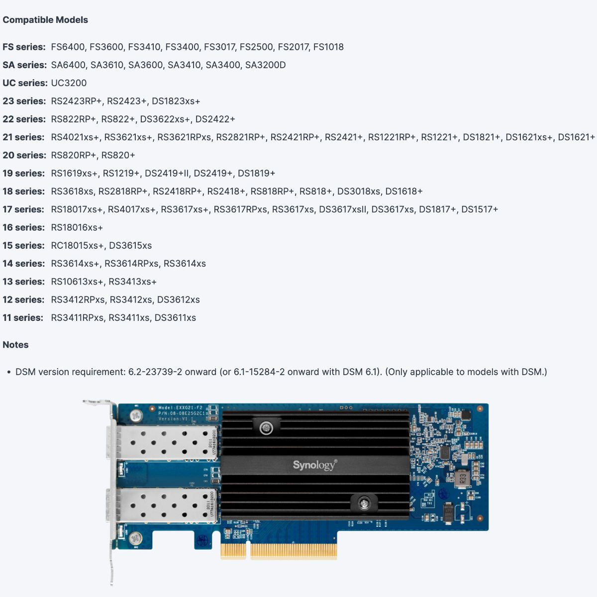 محول Synology E10G21-F2 مزدوج المنافذ 10GbE SFP+ PCIe 3.0 x8 – دعم SR/LR/DAC، تجميع الروابط، إطارات ضخمة