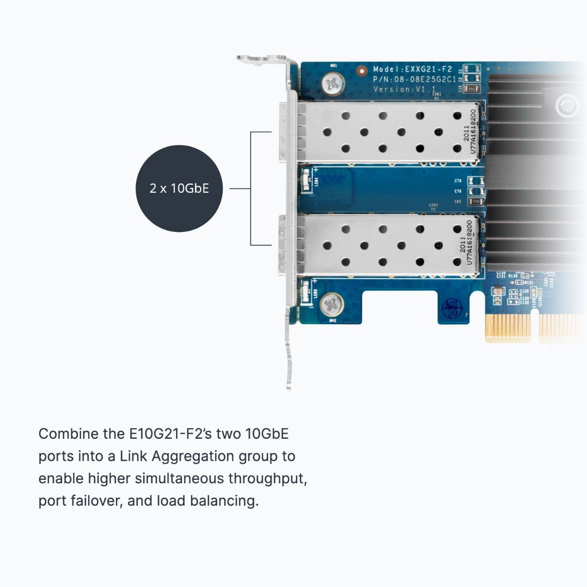 محول Synology E10G21-F2 مزدوج المنافذ 10GbE SFP+ PCIe 3.0 x8 – دعم SR/LR/DAC، تجميع الروابط، إطارات ضخمة