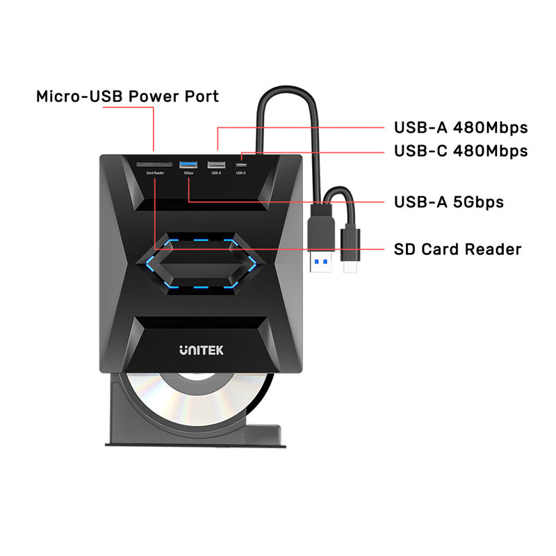 Unitek 5-in-1 External Optical Drive with USB Hub