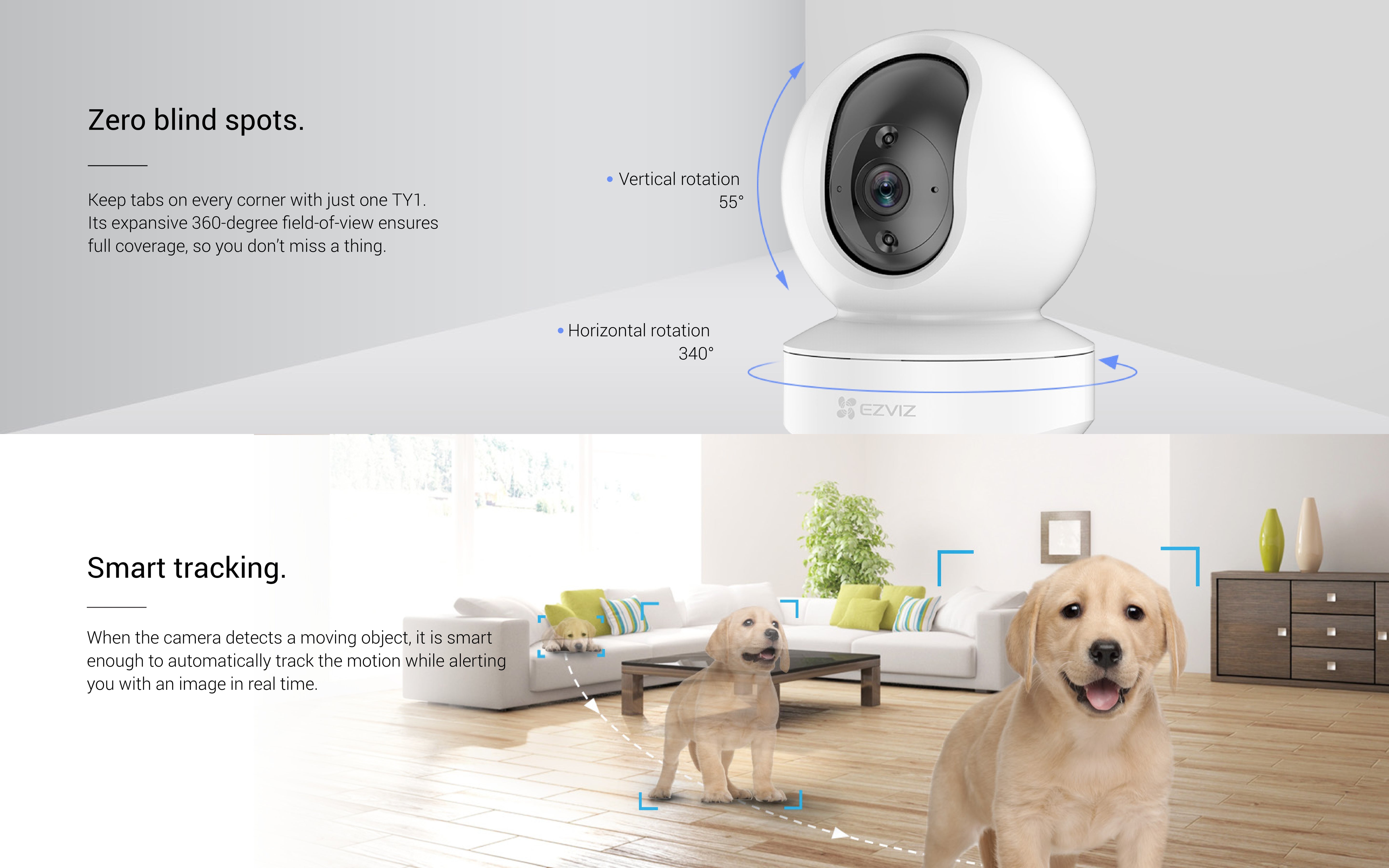 EZVIZ TY1 2MP Smart Wi-Fi Pan & Tilt Camera, 360° Coverage, Motion Tracking, Night Vision, Two-Way Talk, Supports 256GB microSD