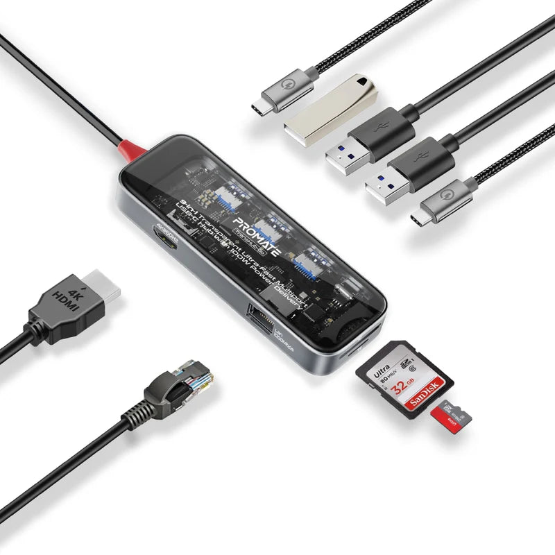 موزع USB-C متعدد المنافذ 9 في 1 شفاف فائق السرعة من بروميت مع توصيل طاقة 100 واط