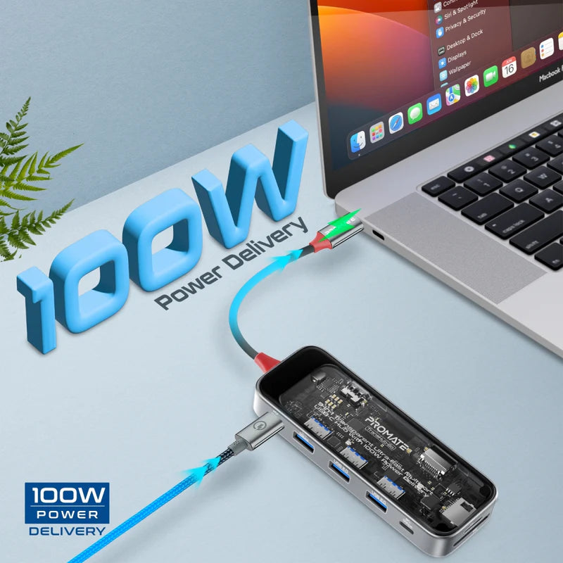 Promate 9-in 1 Transparent Ultra-Fast Multiport USB-C Hub with 100W Power Delivery