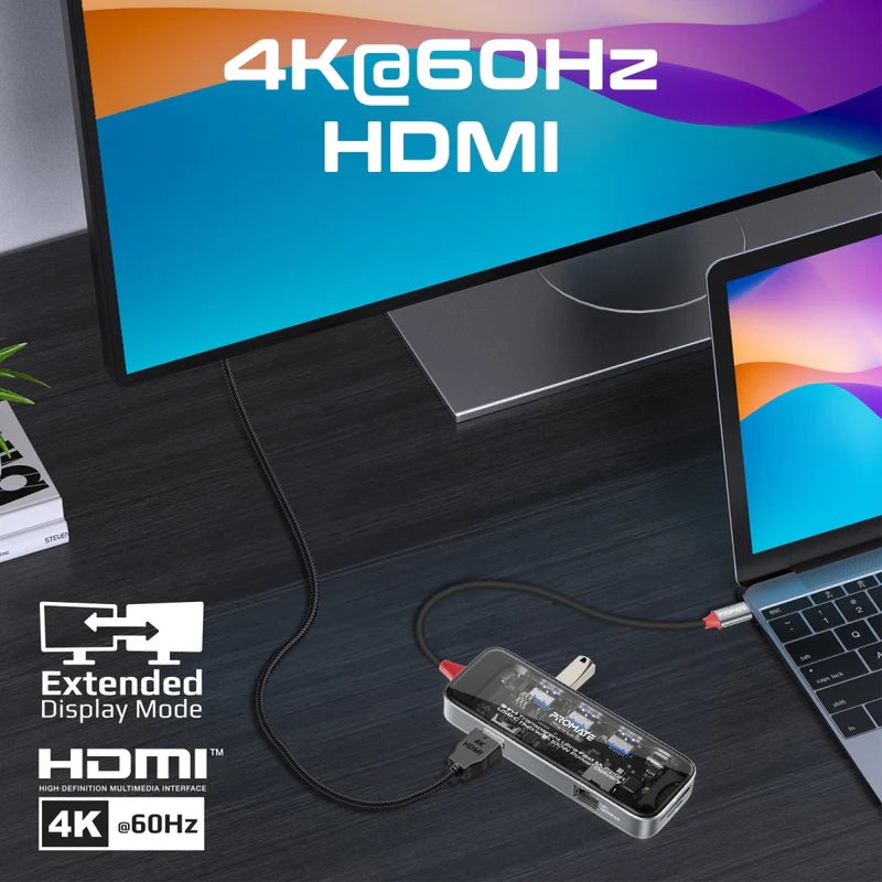 Promate 9-in 1 Transparent Ultra-Fast Multiport USB-C Hub with 100W Power Delivery