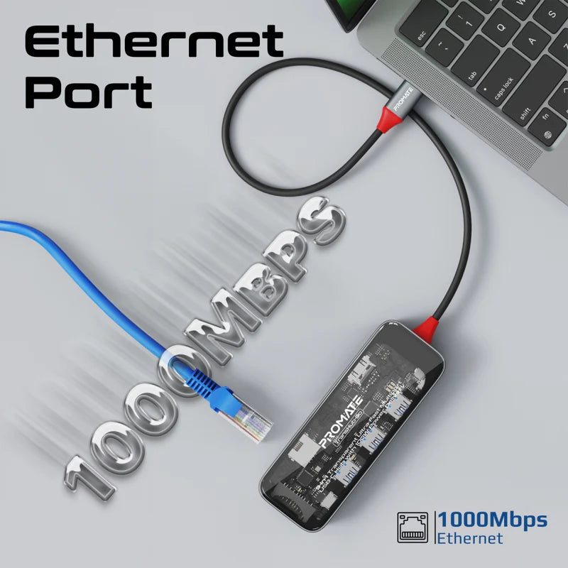 Promate 9-in 1 Transparent Ultra-Fast Multiport USB-C Hub with 100W Power Delivery