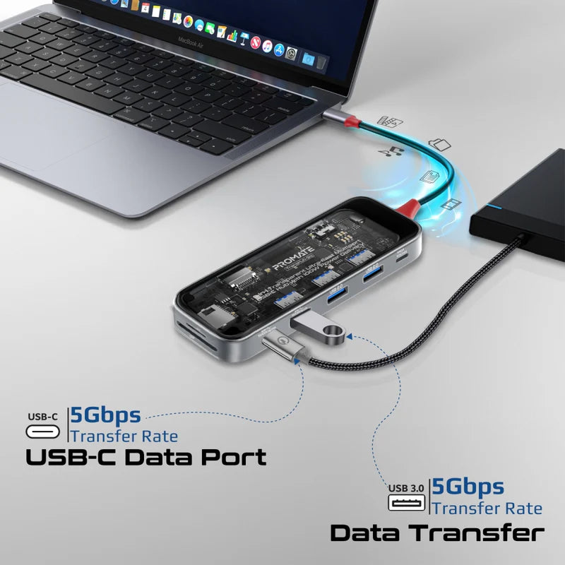 Promate 9-in 1 Transparent Ultra-Fast Multiport USB-C Hub with 100W Power Delivery