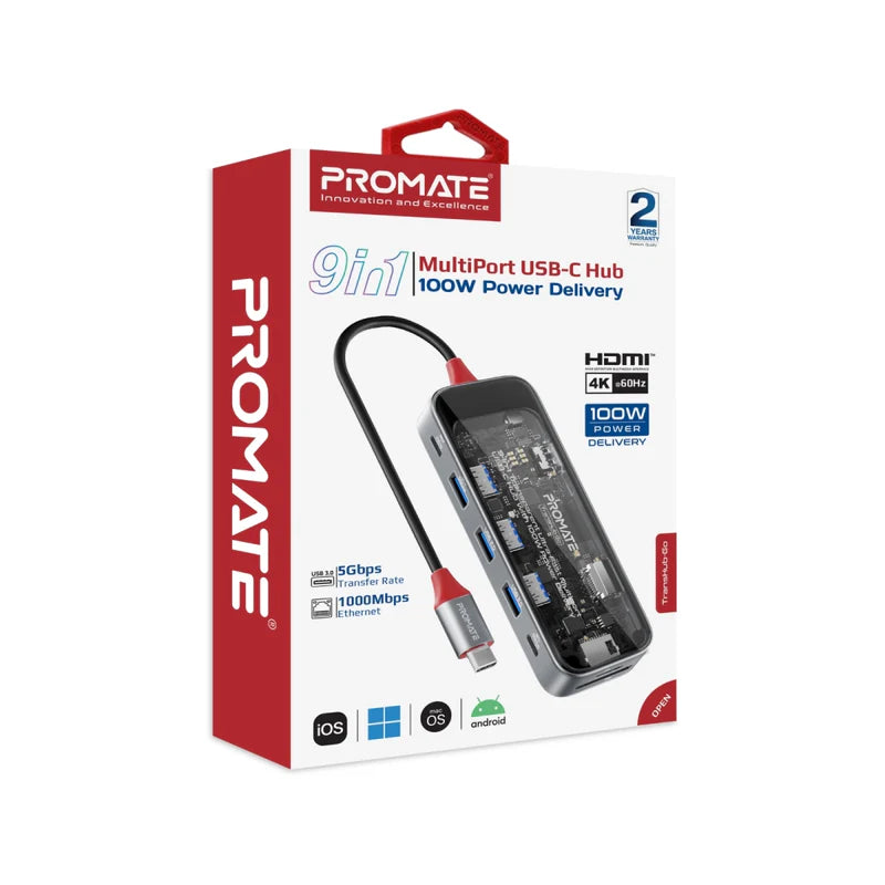 Promate 9-in 1 Transparent Ultra-Fast Multiport USB-C Hub with 100W Power Delivery