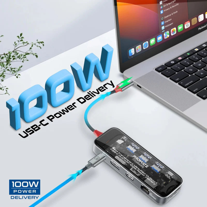 Promate 11-in-1 Transparent Ultra-Fast Multiport USB-C Hub with 100W Power Delivery