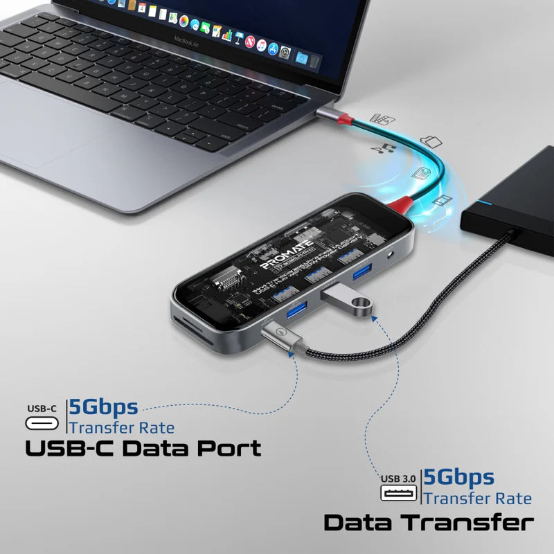 Promate 11-in-1 Transparent Ultra-Fast Multiport USB-C Hub with 100W Power Delivery