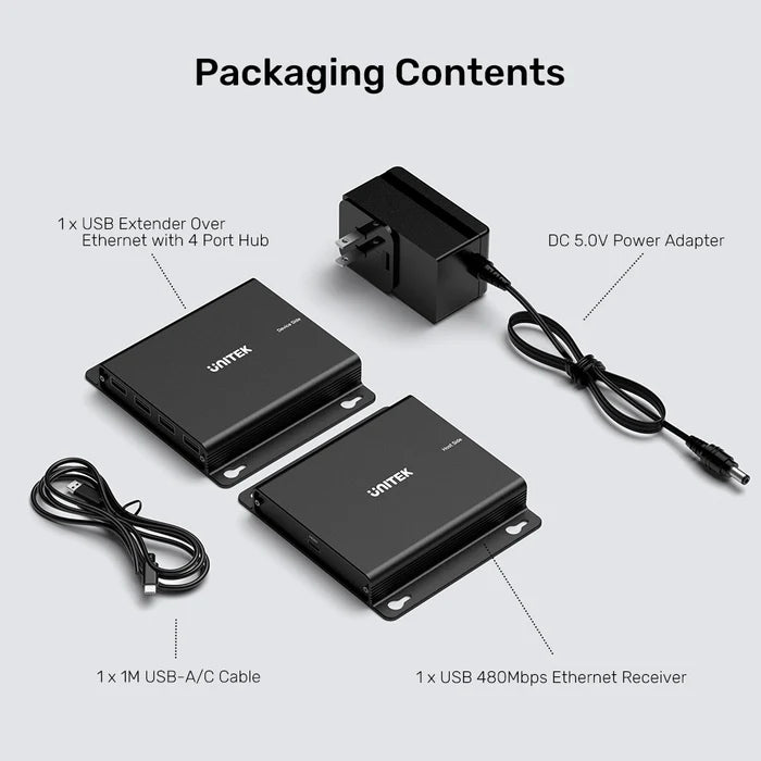 UNITEK 150 m USB Extender Over Ethernet with 4-Port USB Hub — Long-Range USB Signal Booster, Cat5e/6 Support, Plug-and-Play Expansion for USB Devices