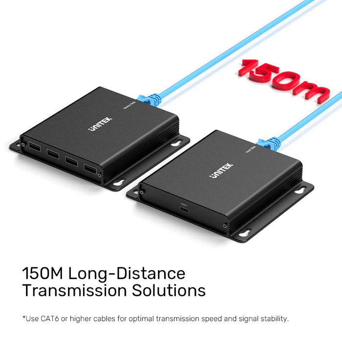 UNITEK 150 m USB Extender Over Ethernet with 4-Port USB Hub — Long-Range USB Signal Booster, Cat5e/6 Support, Plug-and-Play Expansion for USB Devices
