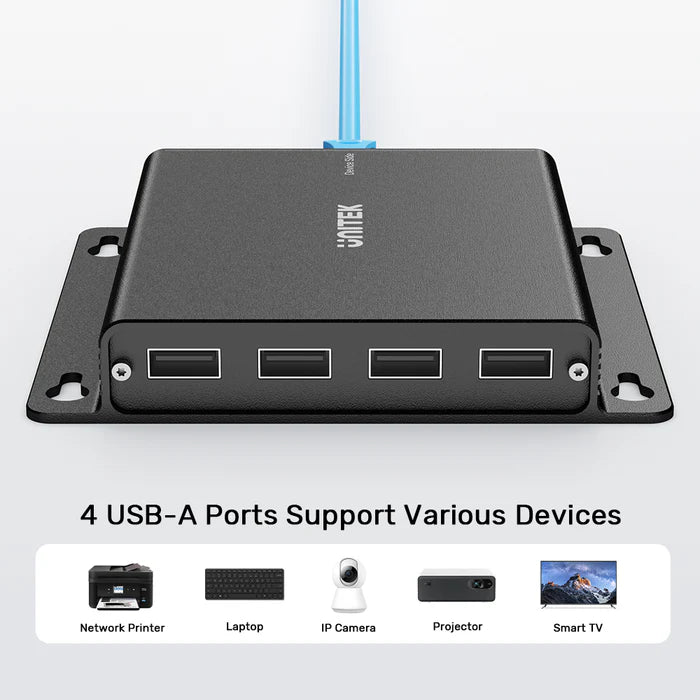 UNITEK 150 m USB Extender Over Ethernet with 4-Port USB Hub — Long-Range USB Signal Booster, Cat5e/6 Support, Plug-and-Play Expansion for USB Devices