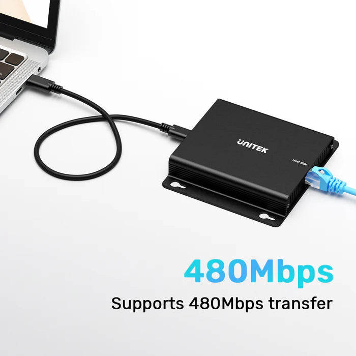 UNITEK 150 m USB Extender Over Ethernet with 4-Port USB Hub — Long-Range USB Signal Booster, Cat5e/6 Support, Plug-and-Play Expansion for USB Devices