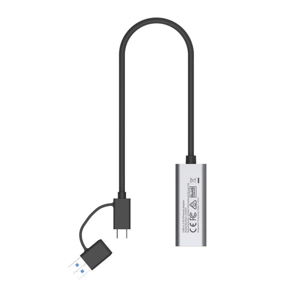 محول إيثرنت UNITEK U1313C USB-C/USB-A إلى 2.5G - 2500 ميجابت في الثانية، مصنوع من سبائك الألومنيوم، كابل بطول 30 سم، التوصيل والتشغيل، متوافق مع أنظمة Windows/macOS/Linux