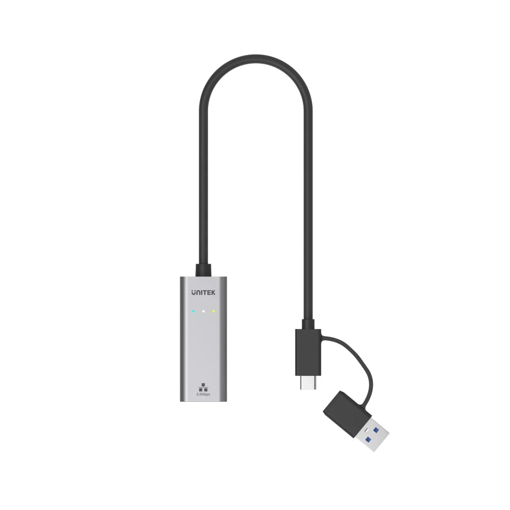 محول إيثرنت UNITEK U1313C USB-C/USB-A إلى 2.5G - 2500 ميجابت في الثانية، مصنوع من سبائك الألومنيوم، كابل بطول 30 سم، التوصيل والتشغيل، متوافق مع أنظمة Windows/macOS/Linux