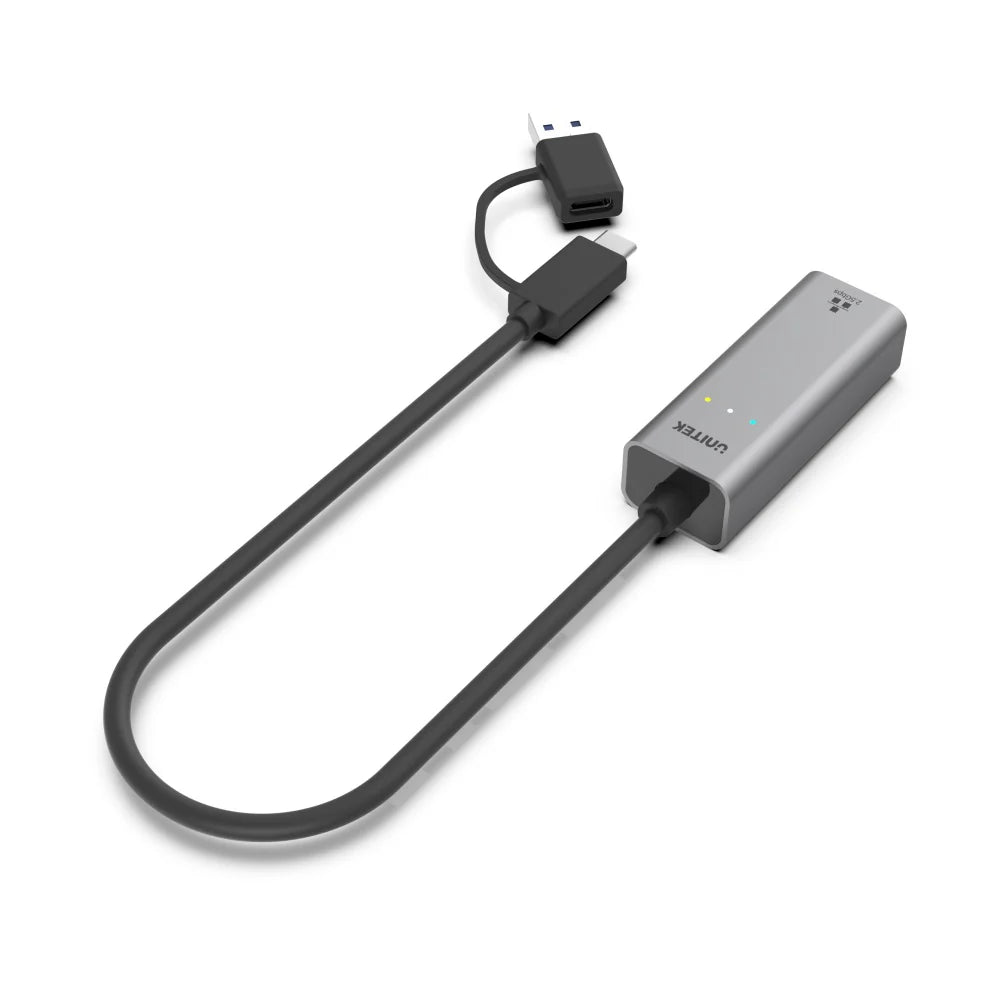 محول إيثرنت UNITEK U1313C USB-C/USB-A إلى 2.5G - 2500 ميجابت في الثانية، مصنوع من سبائك الألومنيوم، كابل بطول 30 سم، التوصيل والتشغيل، متوافق مع أنظمة Windows/macOS/Linux