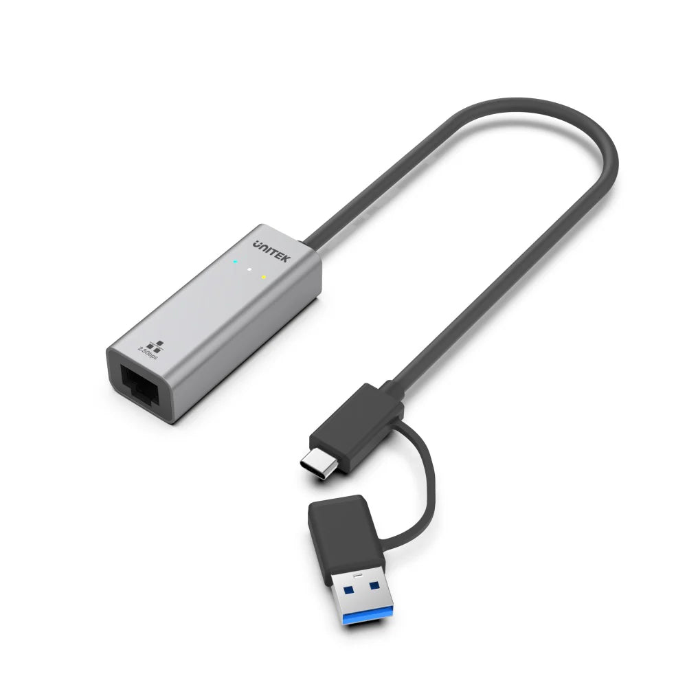 محول إيثرنت UNITEK U1313C USB-C/USB-A إلى 2.5G - 2500 ميجابت في الثانية، مصنوع من سبائك الألومنيوم، كابل بطول 30 سم، التوصيل والتشغيل، متوافق مع أنظمة Windows/macOS/Linux