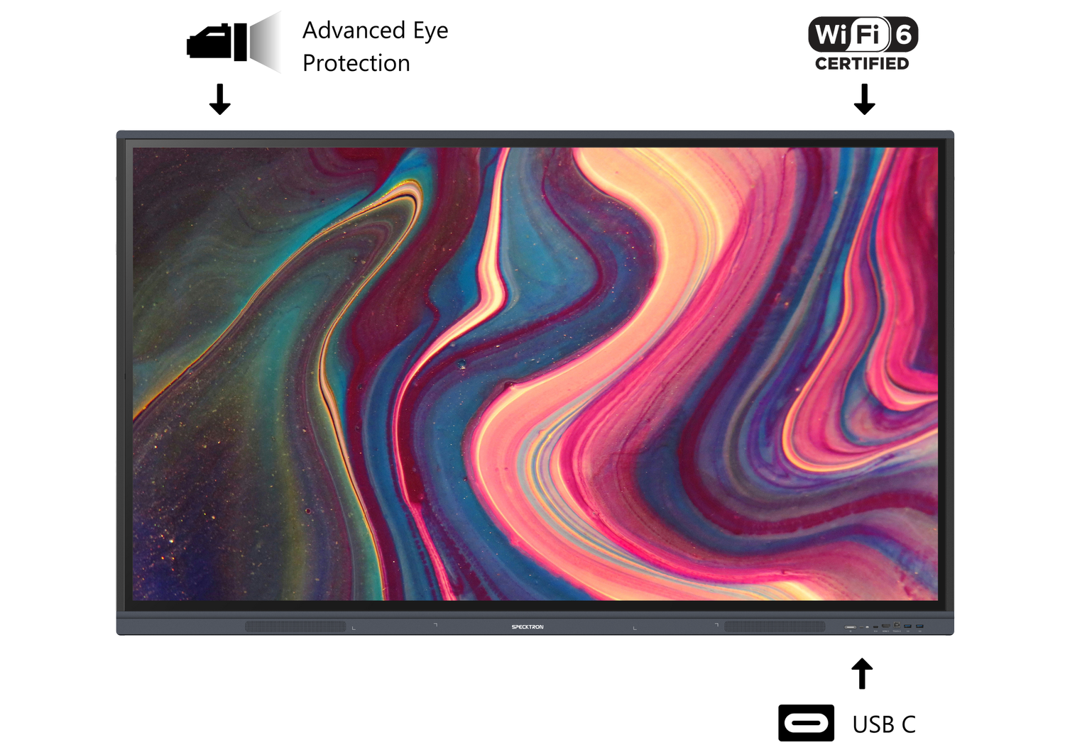 شاشة Specktron UDX-S2 التفاعلية متعددة اللمس بدقة فائقة 4K مقاس 75 بوصة - متوافقة مع نظامي Android وWindows، مزودة بكاميرا مدمجة ومشاركة الشاشة لاسلكيًا