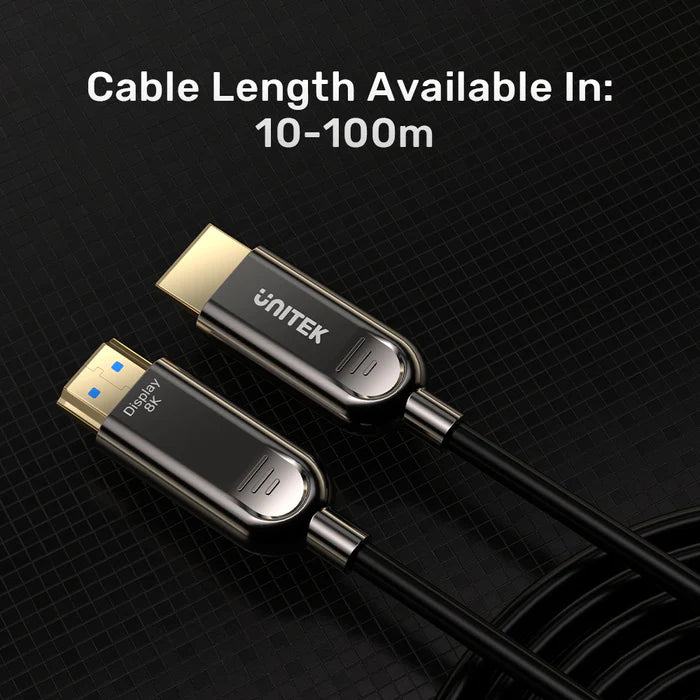 كابل ألياف بصرية HDMI 8K من يونيتيك — كابل عالي السرعة HDMI 2.1 بسرعة 48 جيجابت في الثانية، يدعم 8K@60Hz و4K@120Hz، HDR، eARC، نقل موثوق لمسافات طويلة 100 متر