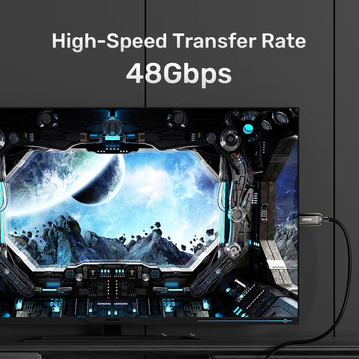 كابل ألياف بصرية HDMI 8K من يونيتيك — كابل عالي السرعة HDMI 2.1 بسرعة 48 جيجابت في الثانية، يدعم 8K@60Hz و4K@120Hz، HDR، eARC، نقل موثوق لمسافات طويلة 100 متر