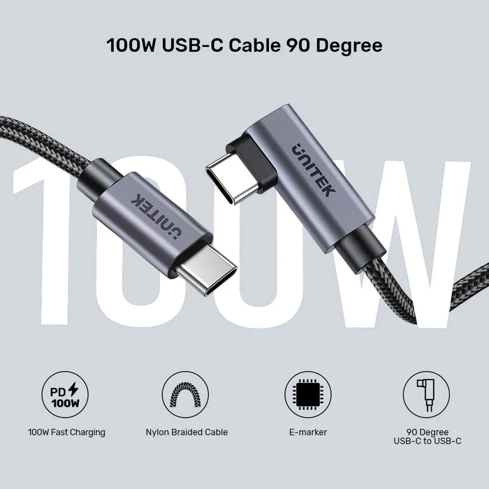 كابل شحن سريع USB-C بزاوية 90° من UNITEK بقوة 100 واط، نوع Type-C بزاوية قائمة، PD 3.0، 5 أمبير، مضفر، متوافق مع MacBook و iPad وأجهزة USB-C - 3 أمتار
