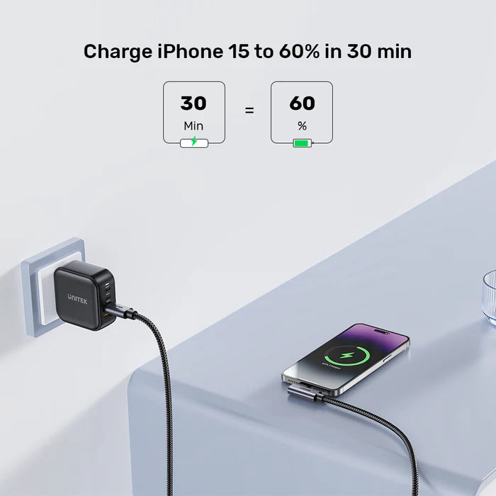 كابل شحن سريع USB-C بزاوية 90° من UNITEK بقوة 100 واط، نوع Type-C بزاوية قائمة، PD 3.0، 5 أمبير، مضفر، متوافق مع MacBook و iPad وأجهزة USB-C - 3 أمتار