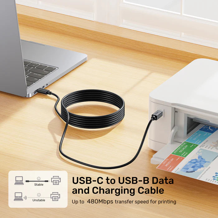 كابل UNITEK من نوع USB-C إلى USB-B، نقل بيانات عالي السرعة بسرعة 480 ميجابت في الثانية ومزامنة وشحن للطابعة، الماسح الضوئي، DAC، لوحة مفاتيح MIDI، أسود - 2 متر