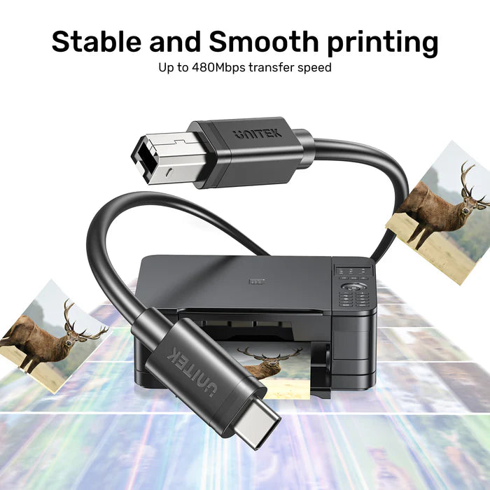 كابل UNITEK من نوع USB-C إلى USB-B، نقل بيانات عالي السرعة بسرعة 480 ميجابت في الثانية ومزامنة وشحن للطابعة، الماسح الضوئي، DAC، لوحة مفاتيح MIDI، أسود - 2 متر