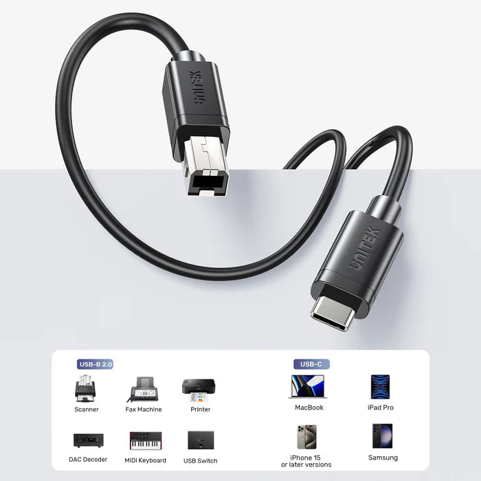 كابل UNITEK من نوع USB-C إلى USB-B، نقل بيانات عالي السرعة بسرعة 480 ميجابت في الثانية ومزامنة وشحن للطابعة، الماسح الضوئي، DAC، لوحة مفاتيح MIDI، أسود - 2 متر