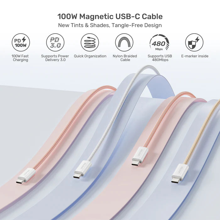 UNITEK 100W Magnetic USB-C to USB-C Fast Charging Cable, Tangle-Free Braided Nylon, PD 3.0 Support, 5A High-Speed Charging, Durable Design with E-Marker Chip, 1M