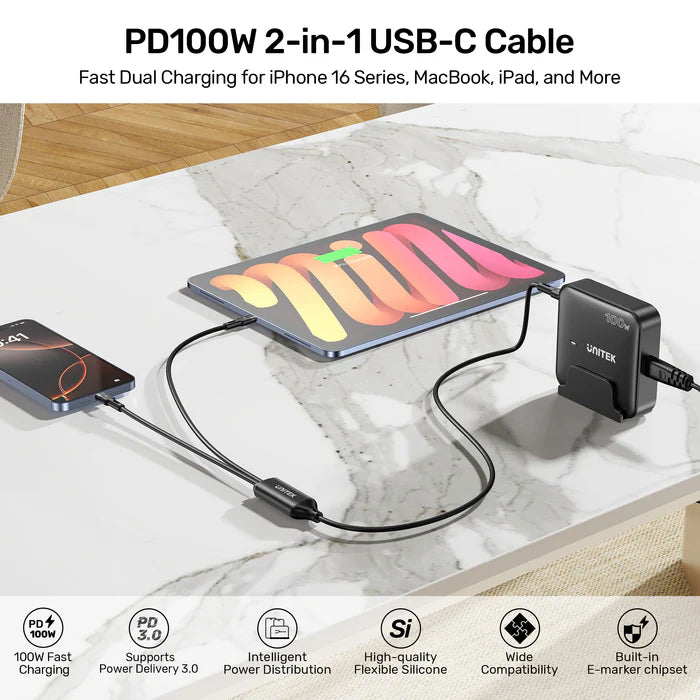 كابل شحن سريع USB-C من UNITEK PD100W 2 في 1، كابل شاحن مقسم USB-C مزدوج، 100 واط PD، توزيع طاقة ذكي، كابل سيليكون بطول 1.8 متر