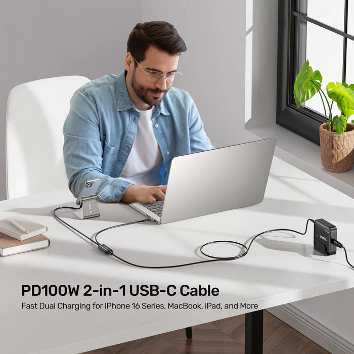 كابل شحن سريع USB-C من UNITEK PD100W 2 في 1، كابل شاحن مقسم USB-C مزدوج، 100 واط PD، توزيع طاقة ذكي، كابل سيليكون بطول 1.8 متر