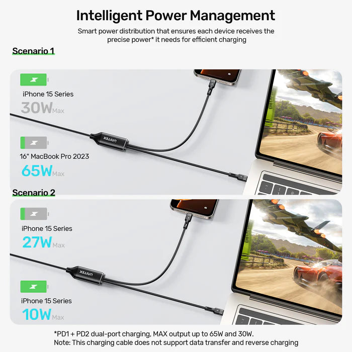 كابل شحن سريع USB-C من UNITEK PD100W 2 في 1، كابل شاحن مقسم USB-C مزدوج، 100 واط PD، توزيع طاقة ذكي، كابل سيليكون بطول 1.8 متر