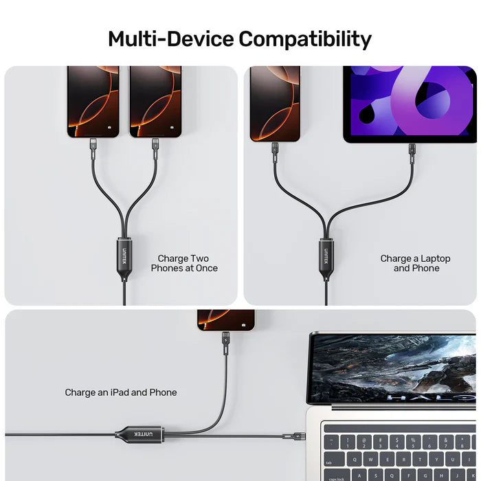 كابل شحن سريع USB-C من UNITEK PD100W 2 في 1، كابل شاحن مقسم USB-C مزدوج، 100 واط PD، توزيع طاقة ذكي، كابل سيليكون بطول 1.8 متر