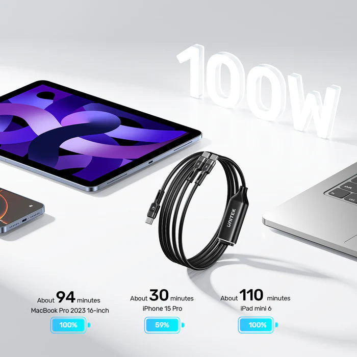 كابل شحن سريع USB-C من UNITEK PD100W 2 في 1، كابل شاحن مقسم USB-C مزدوج، 100 واط PD، توزيع طاقة ذكي، كابل سيليكون بطول 1.8 متر