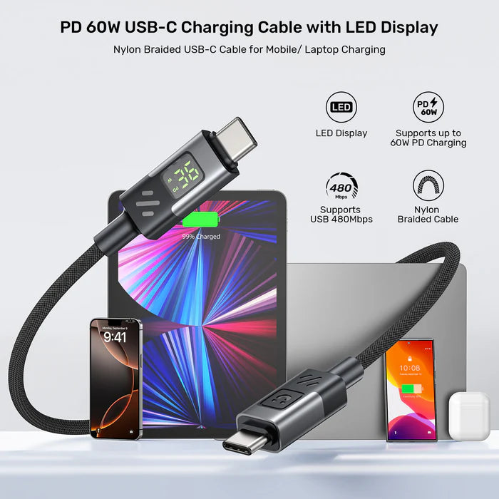 كابل شحن سريع USB-C بقوة 60 واط من UNITEK مع شاشة LED، PD 3.0 نوع C، مضفر، متوافق مع MacBook و iPad وأجهزة USB-C