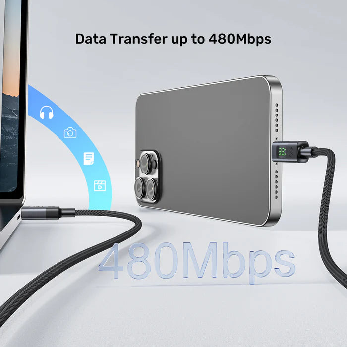 كابل شحن سريع USB-C بقوة 60 واط من UNITEK مع شاشة LED، PD 3.0 نوع C، مضفر، متوافق مع MacBook و iPad وأجهزة USB-C