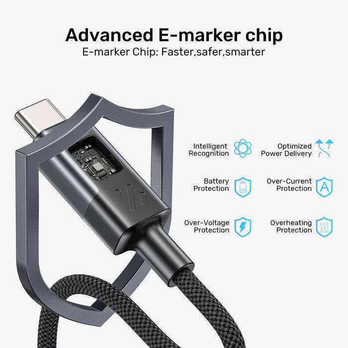 كابل شحن سريع USB-C بقوة 60 واط من UNITEK مع شاشة LED، PD 3.0 نوع C، مضفر، متوافق مع MacBook و iPad وأجهزة USB-C