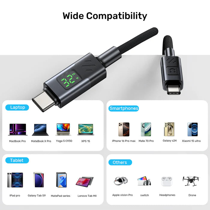 كابل شحن سريع USB-C بقوة 60 واط من UNITEK مع شاشة LED، PD 3.0 نوع C، مضفر، متوافق مع MacBook و iPad وأجهزة USB-C