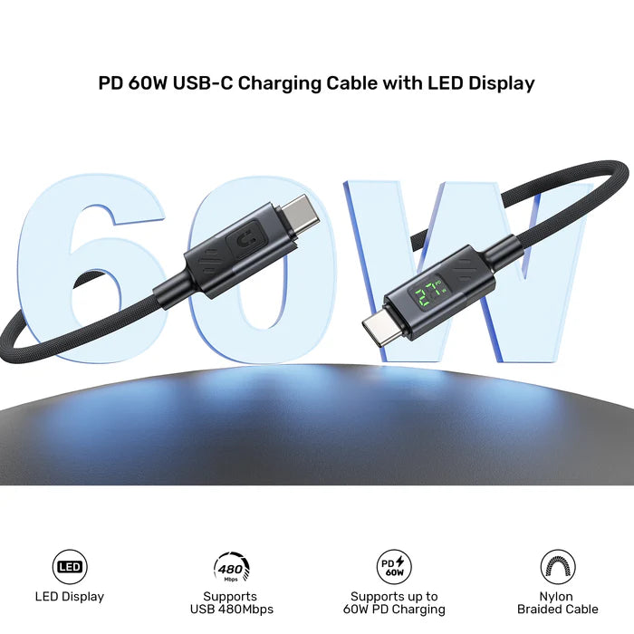 كابل شحن سريع USB-C بقوة 60 واط من UNITEK مع شاشة LED، PD 3.0 نوع C، مضفر، متوافق مع MacBook و iPad وأجهزة USB-C