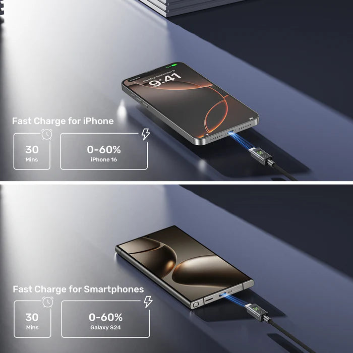 كابل شحن سريع USB-C بقوة 60 واط من UNITEK مع شاشة LED، PD 3.0 نوع C، مضفر، متوافق مع MacBook و iPad وأجهزة USB-C