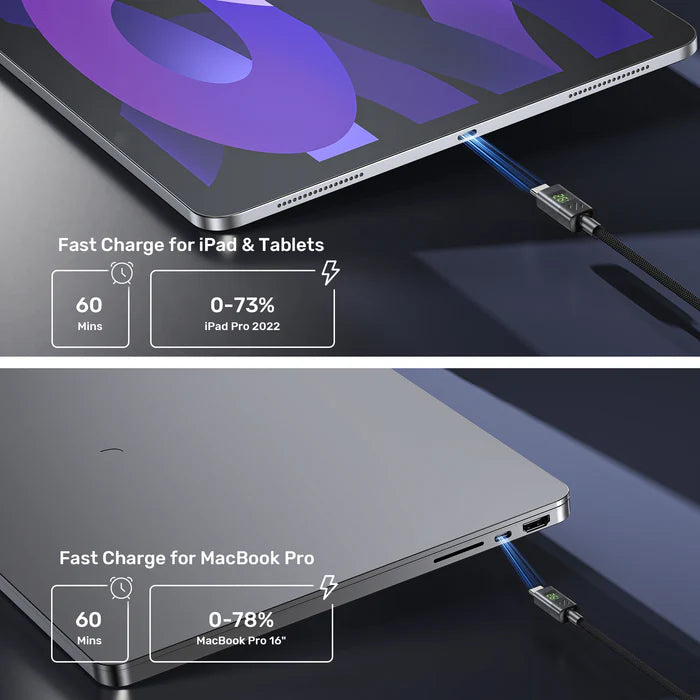 كابل شحن سريع USB-C بقوة 60 واط من UNITEK مع شاشة LED، PD 3.0 نوع C، مضفر، متوافق مع MacBook و iPad وأجهزة USB-C