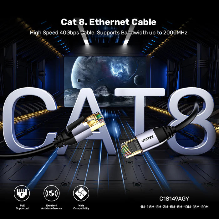 كابل إيثرنت UNITEK Cat 8، كابل شبكة LAN عالي السرعة بسرعة 40 جيجابت في الثانية، كابل RJ45 محمي S/FTP بتردد 2000 ميجاهرتز، كابل إنترنت قوي للألعاب، الراوتر، الكمبيوتر، PS5، المودم، أداء منخفض الكمون للغاية - 20 متر