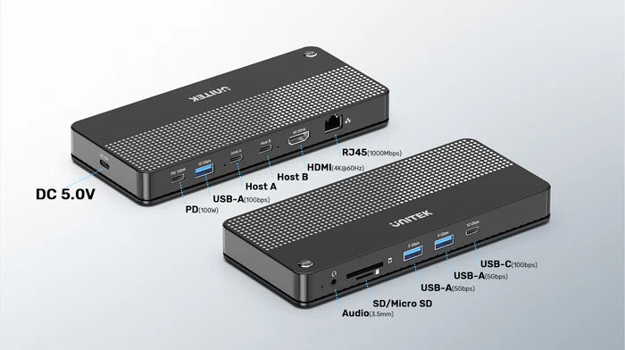 UNITEK USB-C 4K KVM Docking Station, 100W PD, 4K@60Hz HDMI, 10Gbps Data Transfer, Gigabit Ethernet, SD/MicroSD Reader, One-Button Switch for 2 Computers