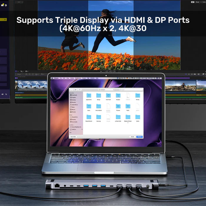 محطة توصيل يونيتك UHB15 USB-C ثلاثية لشاشات 4K — دعم شاشتين/ثلاث شاشات، منافذ USB، شبكة إيثرنت محلية، قارئ بطاقات SD/TF، توصيل طاقة 100 واط، وظيفة مفتاح KVM