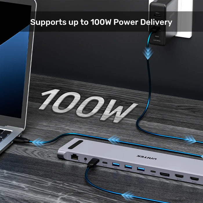 محطة توصيل يونيتك UHB15 USB-C ثلاثية لشاشات 4K — دعم شاشتين/ثلاث شاشات، منافذ USB، شبكة إيثرنت محلية، قارئ بطاقات SD/TF، توصيل طاقة 100 واط، وظيفة مفتاح KVM