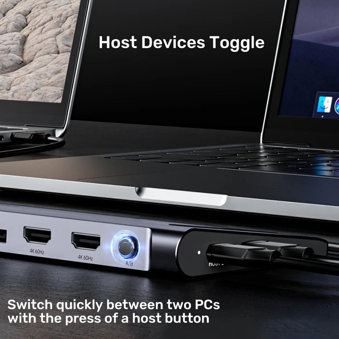 محطة توصيل يونيتك UHB15 USB-C ثلاثية لشاشات 4K — دعم شاشتين/ثلاث شاشات، منافذ USB، شبكة إيثرنت محلية، قارئ بطاقات SD/TF، توصيل طاقة 100 واط، وظيفة مفتاح KVM