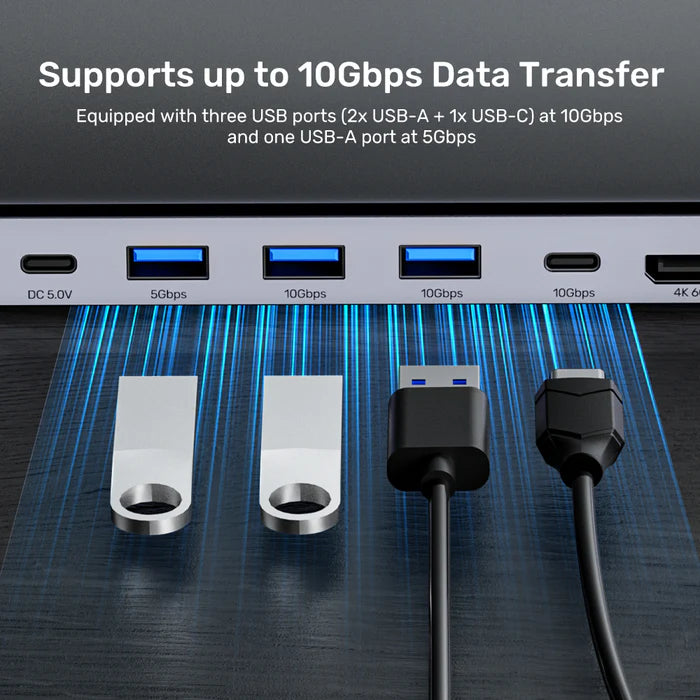 محطة توصيل يونيتك UHB15 USB-C ثلاثية لشاشات 4K — دعم شاشتين/ثلاث شاشات، منافذ USB، شبكة إيثرنت محلية، قارئ بطاقات SD/TF، توصيل طاقة 100 واط، وظيفة مفتاح KVM