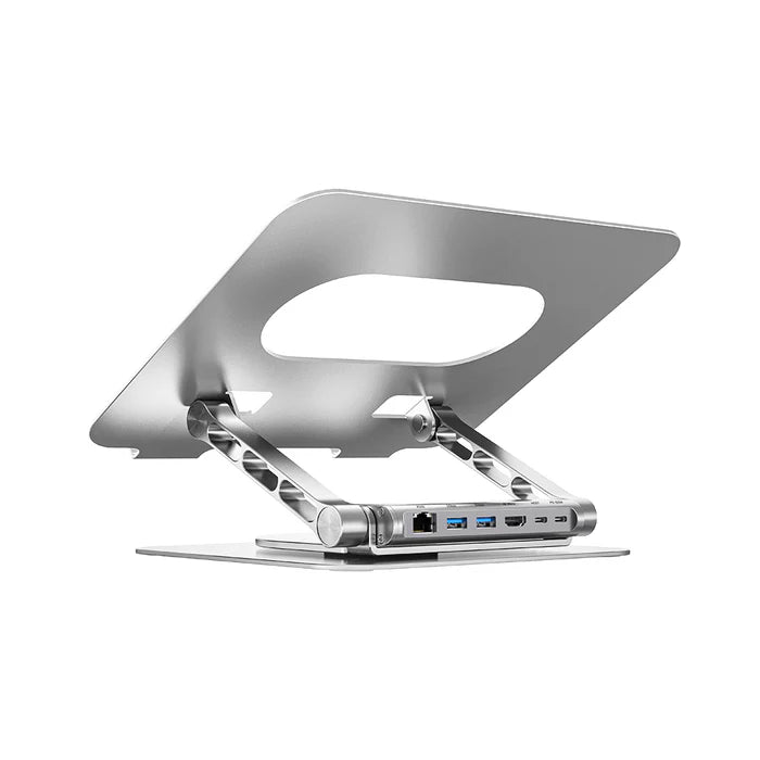 حامل لابتوب من يونيتيك مع محور USB-C قابل للفصل — حامل لابتوب مريح قابل للتعديل مع محور USB-C مدمج (منافذ HDMI وUSB، قارئ بطاقات SD/TF، إيثرنت)