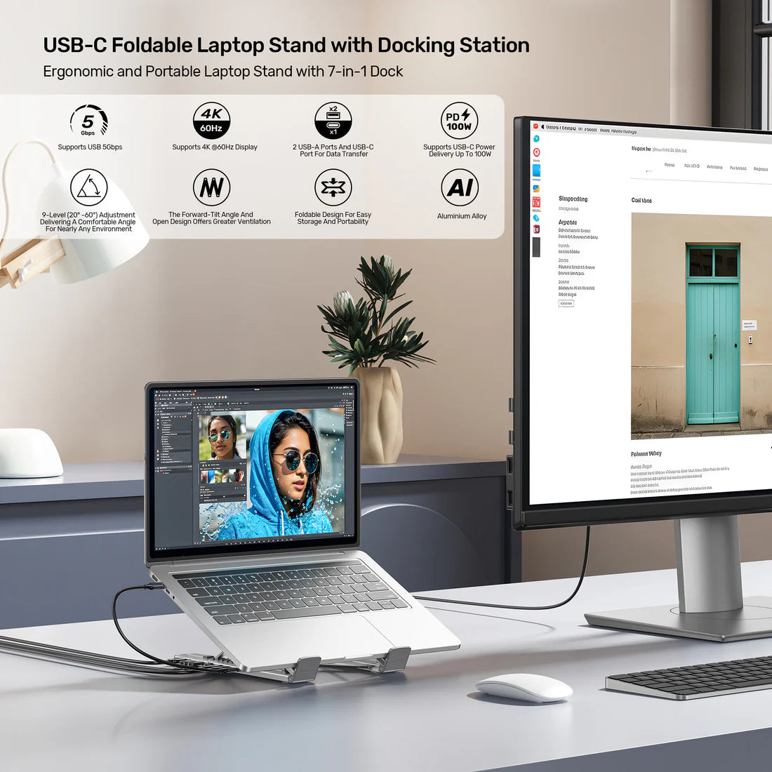 UNITEK D1137AGY01 Foldable Laptop Stand + 7-in-1 Docking Station – 100W PD, 4K@60Hz HDMI, USB-C & USB-A 5Gbps, SD/TF Reader, Aluminum Foldable Design