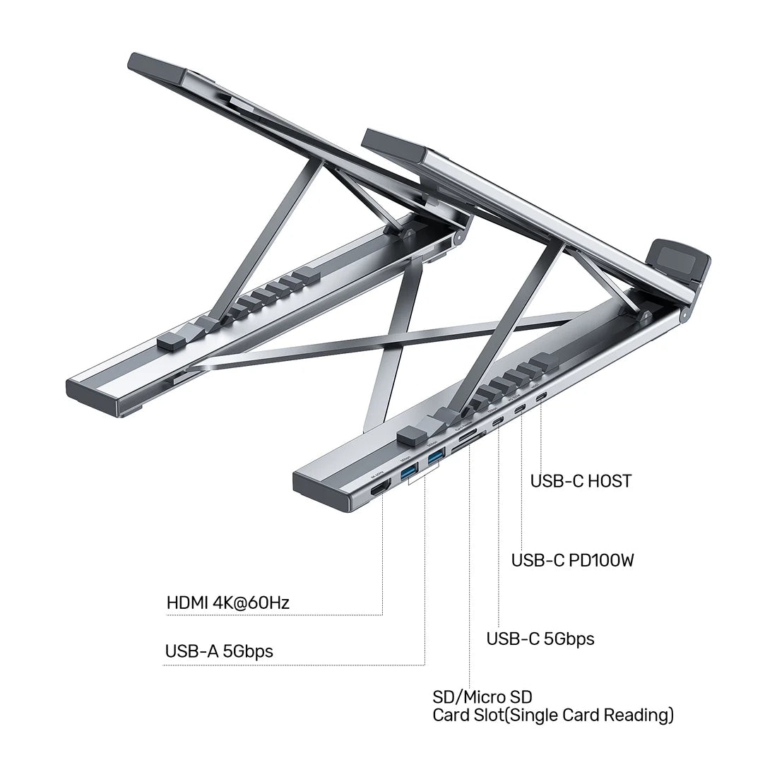 UNITEK D1137AGY01 Foldable Laptop Stand + 7-in-1 Docking Station – 100W PD, 4K@60Hz HDMI, USB-C & USB-A 5Gbps, SD/TF Reader, Aluminum Foldable Design